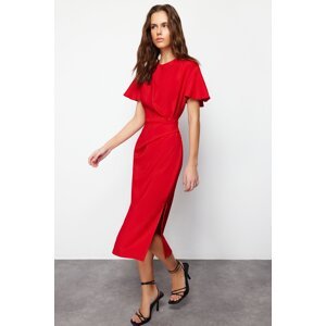 Trendyol Red Straight Cut Gathered Midi Woven Dress