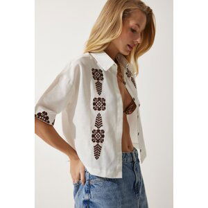 Happiness İstanbul Women's Ecru Embroidered Short Linen Shirt RG0009