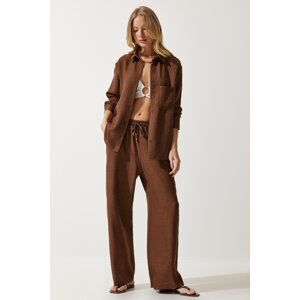 Happiness İstanbul Women's Brown Oversize Shirt Wide Trousers Suit