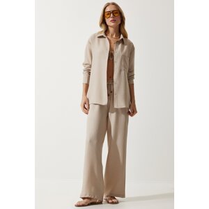 Happiness İstanbul Women's Beige Oversize Shirt Wide Trousers Suit