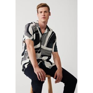 Avva Men's Beige Viscose Cuban Collar Abstract Patterned Short Sleeve Standard Fit Regular Cut Shirt