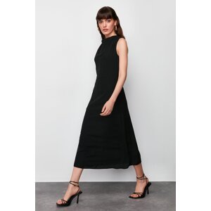Trendyol Black Degaje Collar Skirt Cut Detail Midi Woven Dress