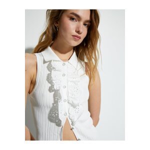 Koton Brode Frilly Undershirt Pearl Buttoned Polo Neck Sleeveless