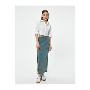 Koton Long Denim Skirt Side Slit Detail High Waist Cotton
