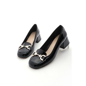 Marjin Women's Chunky Heel Buckled Flat Toe Classic Heeled Shoes Alesa Black Patent Leather