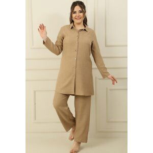 By Saygı Single Pocket Double Sleeve Shirt Elastic Waist Palazzo Trousers Linen Effect Plus Size 2 Set