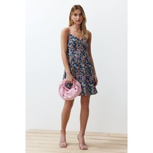 Trendyol Blue Floral Print A-line Double-breasted Collar Woven Mini Dress