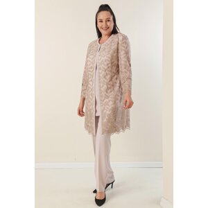 By Saygı 3-Piece Crepe Suit With Beading Embroidered Guipure Lined Jacket Blouse With Trousers