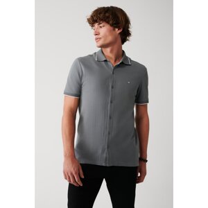 Avva Men's Gray 100% Cotton Ribbed Jacquard Short Sleeve Knitted Regular Fit Shirt