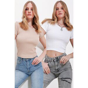 Trend Alaçatı Stili Women's White-Beige Crew Neck 2 Pack Crop Knitted Blouse