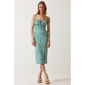 Happiness İstanbul Women's Light Green Floral Slit Summer Knitted Dress