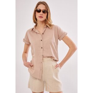 armonika Women's Beige Short Sleeve Linen Shirt