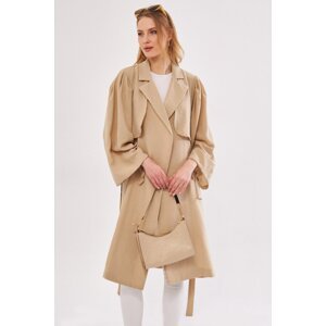 armonika Women's Beige Ennea Trench Coat Sleeves Pleated Belted Cuff Laced Detail