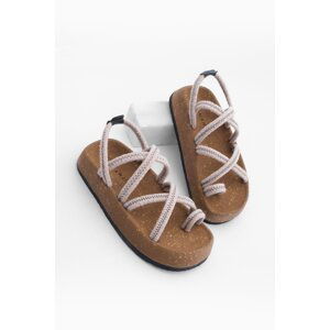 Marjin Women's Cork Sole Patterned Cotton Rope Cross Band Daily Sandals Hista Beige