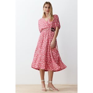 Trendyol Pink Printed Accessory Belt Detailed Gathered Flexible Knitted Dress