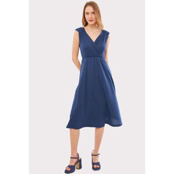 armonika Women's Dark Blue Elastic Waist And Shoulder Elastic Skirt Lined Double Breasted Neck Midi Length Dress