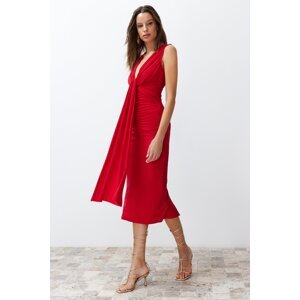 Trendyol Red Draped Knitted Stylish Evening Dress