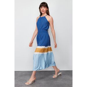 Trendyol Ecru-Blue A-Line Viscose Woven Maxi Dress with Gipe Detail at the Waist