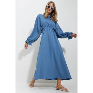 Trend Alaçatı Stili Women's Indigo Crew Neck Balloon Sleeve Aerobin Fabric Maxi Length Dress