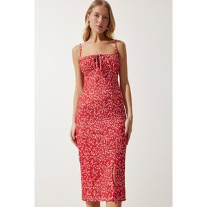 Happiness İstanbul Women's Red White Floral Slit Summer Knitted Dress