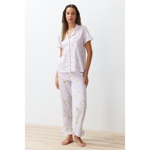 Trendyol Pink-Multicolor 100% Cotton Floral Ruffle Detailed Knitted Pajamas Set