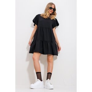 Trend Alaçatı Stili Women's Black V-Neck Tiered Flounce Woven Dress