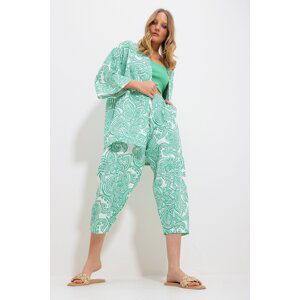 Trend Alaçatı Stili Women's Green Patterned Kimono With Jacket And Trousers Linen Woven Bottom Top Suit