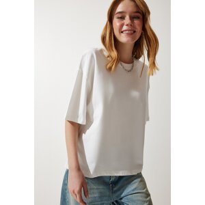 Happiness İstanbul Women's White Premium Crew Neck Oversize Knitted T-Shirt
