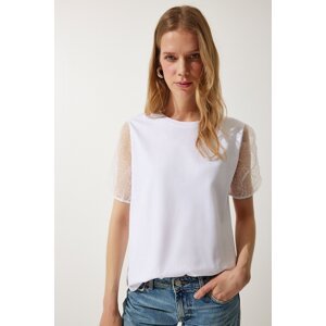 Happiness İstanbul Women's White Sleeve Tulle Detailed Knitted T-Shirt