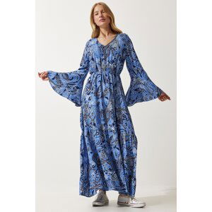 Happiness İstanbul Women's Blue Patterned Summer Viscose Dress