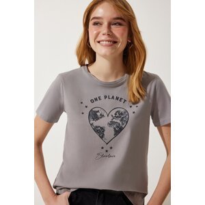 Happiness İstanbul Women's Gray Printed Knitted T-Shirt