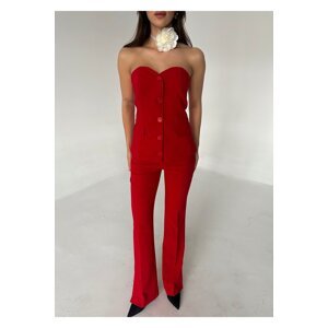 Laluvia Red Strapless Blouse Cuff Detailed Trousers Set