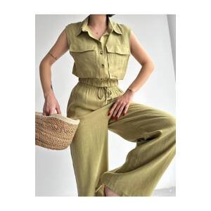 Laluvia Khaki 100% Cotton Elastic Vest-Pants Linen Suit