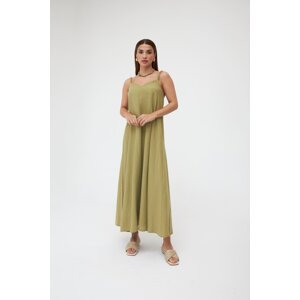 Laluvia Khaki Knit Strap Linen Long Dress