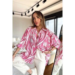 Laluvia Pink Viscose Fabric Patterned Oversized Women's Shirt.