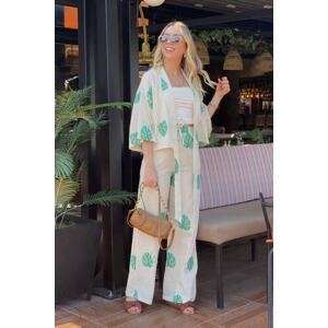 Laluvia Green Leaf Patterned Kimono Set