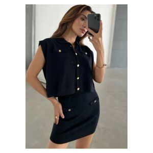 Laluvia Black Cream Polo Neck Pearl Buttoned Skirt Crop Bottom Top Set