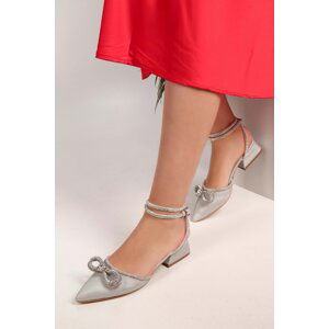 Shoeberry Women's Minue Silver Satin Stone Heeled Shoes