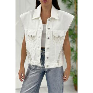 Laluvia White Stone Detailed Denim Vest