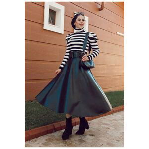 Laluvia Black Belt Detailed Midi Length Leather Knit Skirt