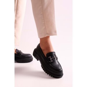 Shoeberry Women's Rex Black Skin Loafers with Thick Soles and Buckles. Black Skin.
