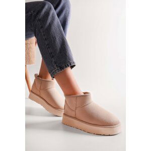 Shoeberry Women's Uggys Beige Pile Short Suede Flat Boots Beige Textile.