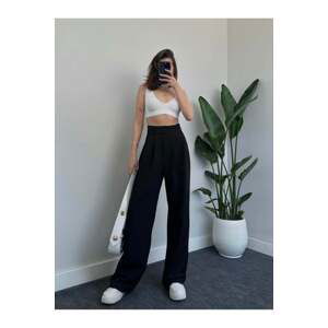 Laluvia Black Premium Waist Detailed Velcro Wide Leg Trousers