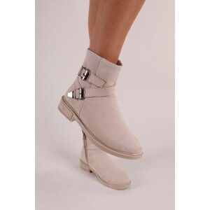 Shoeberry Women's Sukie Beige Suede Buckle Flat Heeled Boots Beige Suede