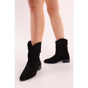 Shoeberry Women's Archie Black Suede Bellows Flat Heeled Boots Black Suede