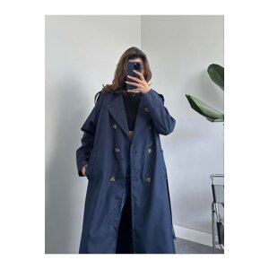 Laluvia Navy Blue Button Detailed Belted Long Trench Coat