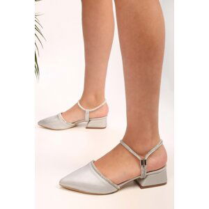 Shoeberry Women's Tine Silver Satin Stone Heeled Shoes