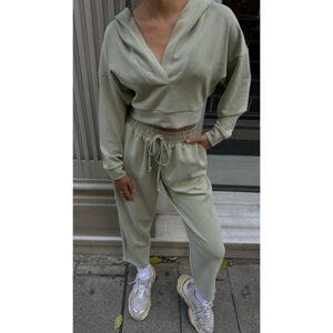 Laluvia Khaki Hooded V-Neck Sweat Tracksuit Set