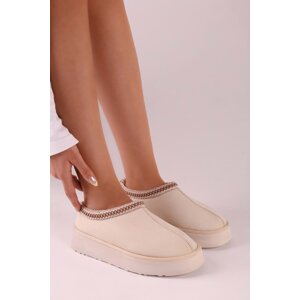 Shoeberry Women's Uggps Beige Pile Short Suede Plain Slippers Beige Textile.