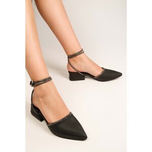 Shoeberry Women's Yune Black Satin Stone Heeled Shoes